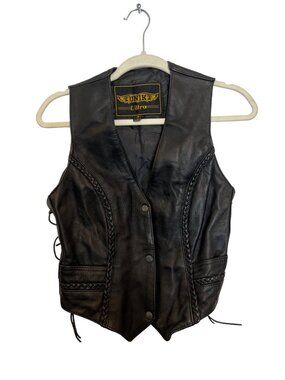 Unik Ultra Womens Black Leather Vest With Braided Detailing & Adjustable Lace Si